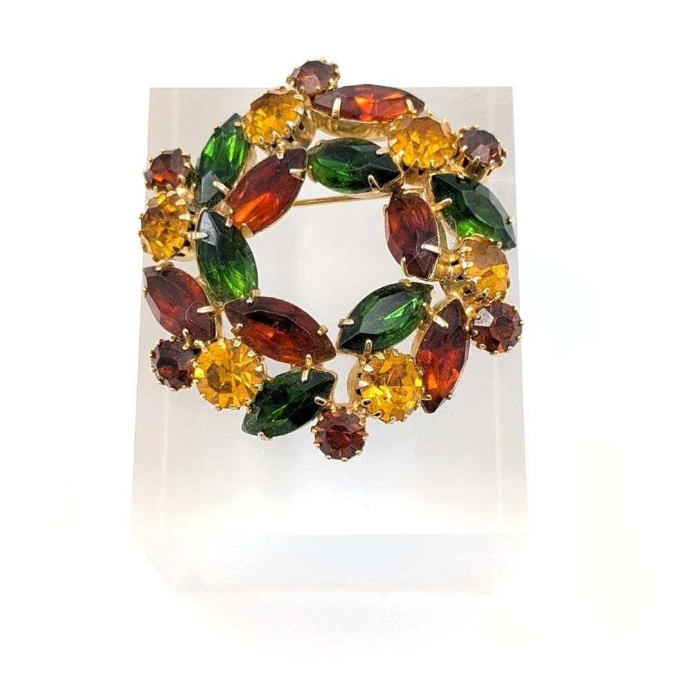 Vintage Marquise Rhinestone Wreath Brooch Gold Tone‎ 3D Fall Autumn